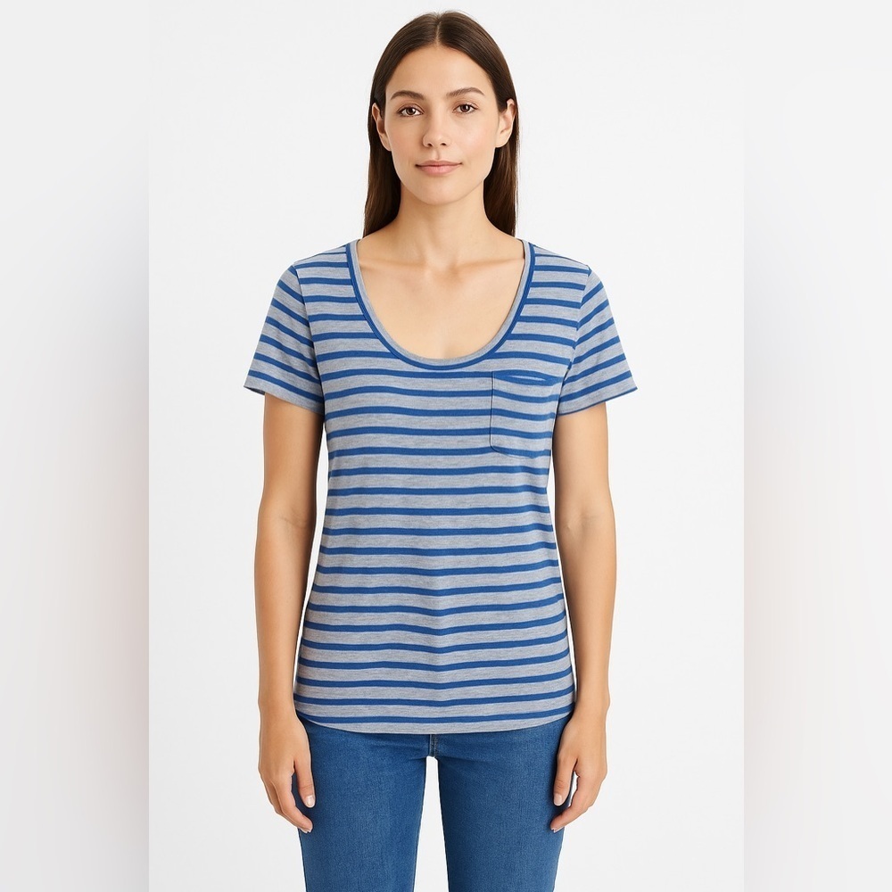 Madewell Women’s Blue Gray Stripe T-Shirt S Pocket Tee Nautical Coastal Preppy
